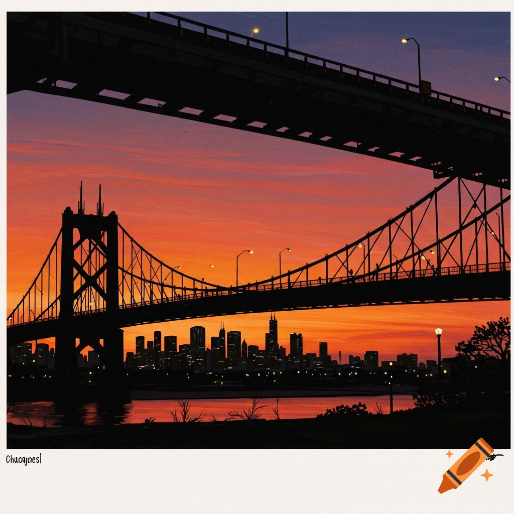 Silhouette of a bridge and city skyline against an orange sunset sky.
