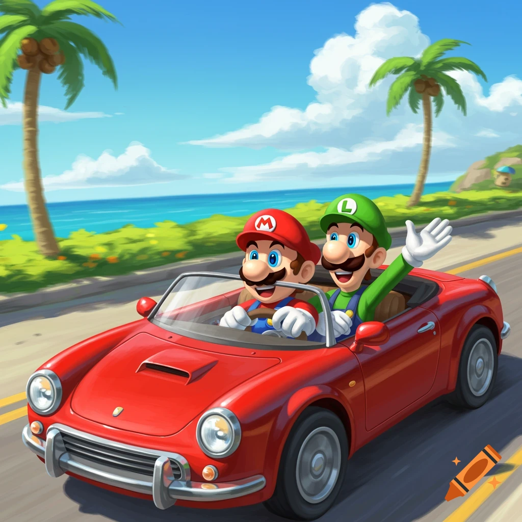 Mario and Luigi drive a red convertible down a coastal road with palm trees in this cartoon.