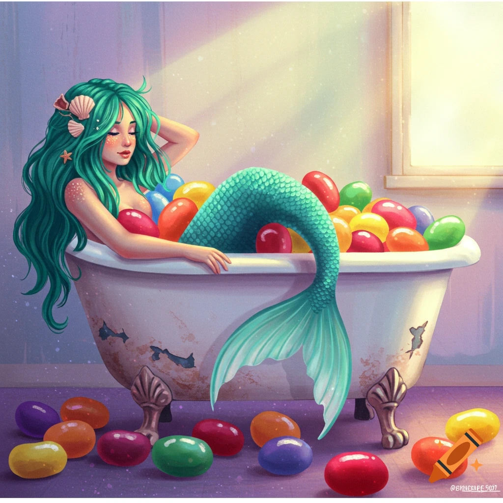 Illustration of a mermaid with green hair sitting in a bathtub filled with large jelly beans.