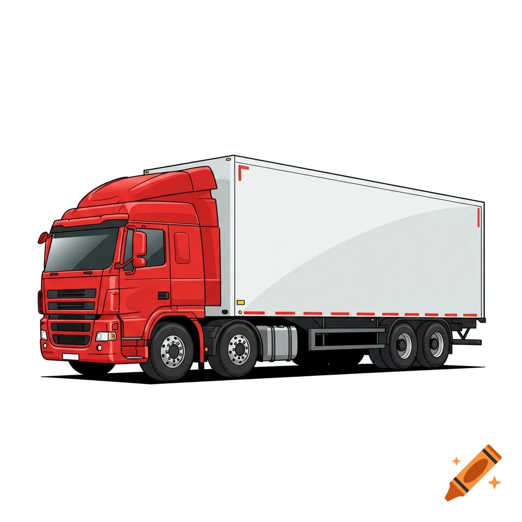 Red semi truck and trailer in a side view, illustration style.