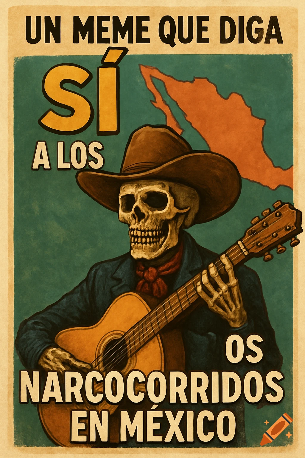 Vintage poster of a skeleton in a cowboy hat playing a guitar in front of a map of Mexico with Spanish text.