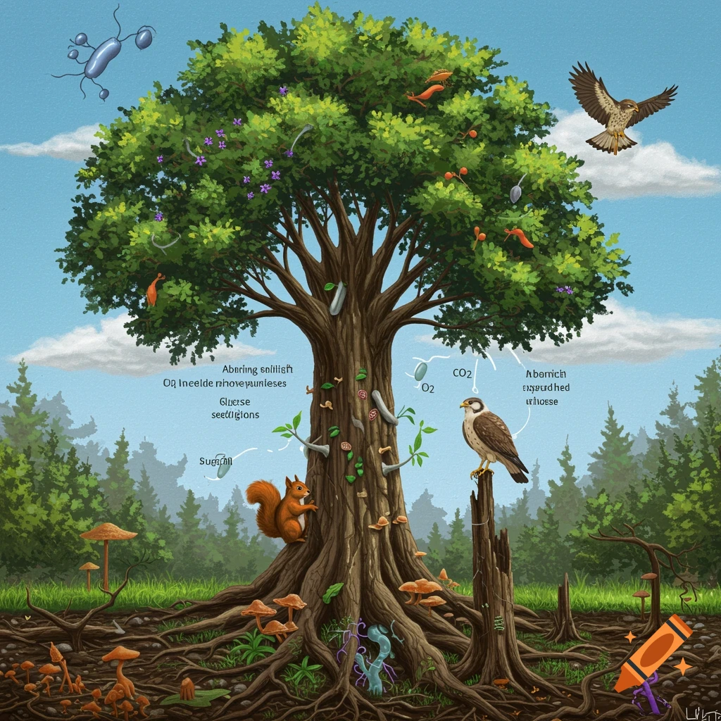 Illustration of a tree depicting a natural cycle with animals, fungi, microbes, and labels.