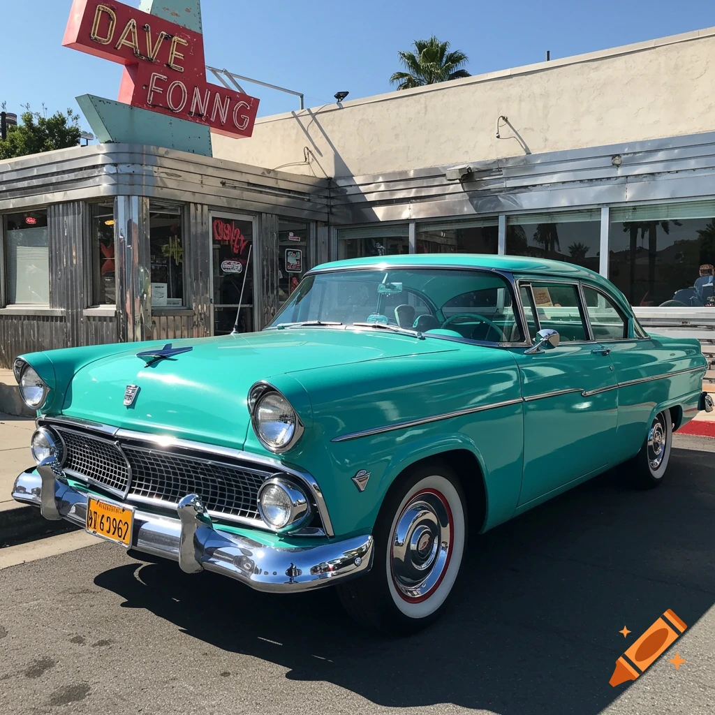 A teal classic car parked in front of a diner on a sunny day.