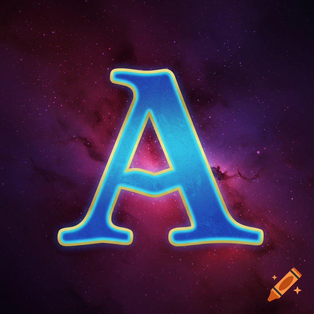 A large blue letter A with a golden outline against a purple and pink nebula background.