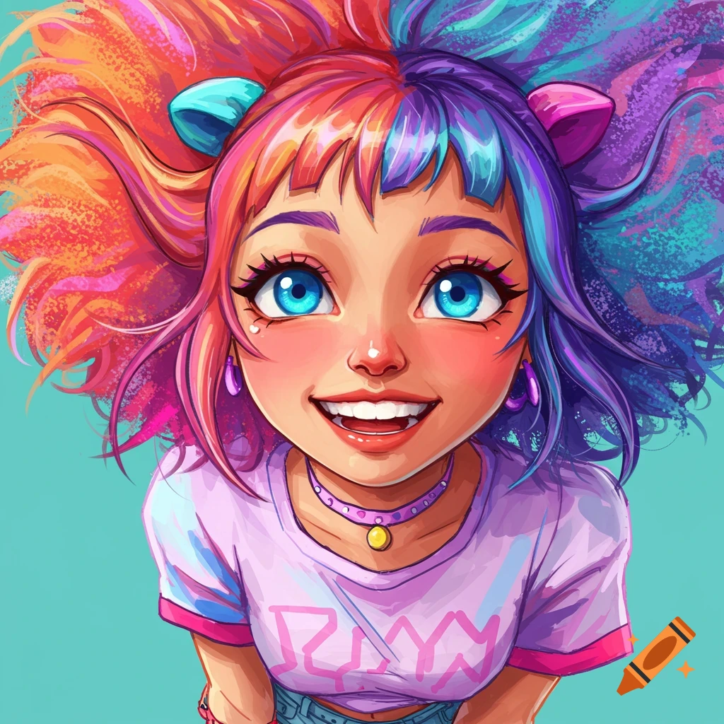 Stylized portrait of a young woman with bright multi-colored hair looking up and smiling.