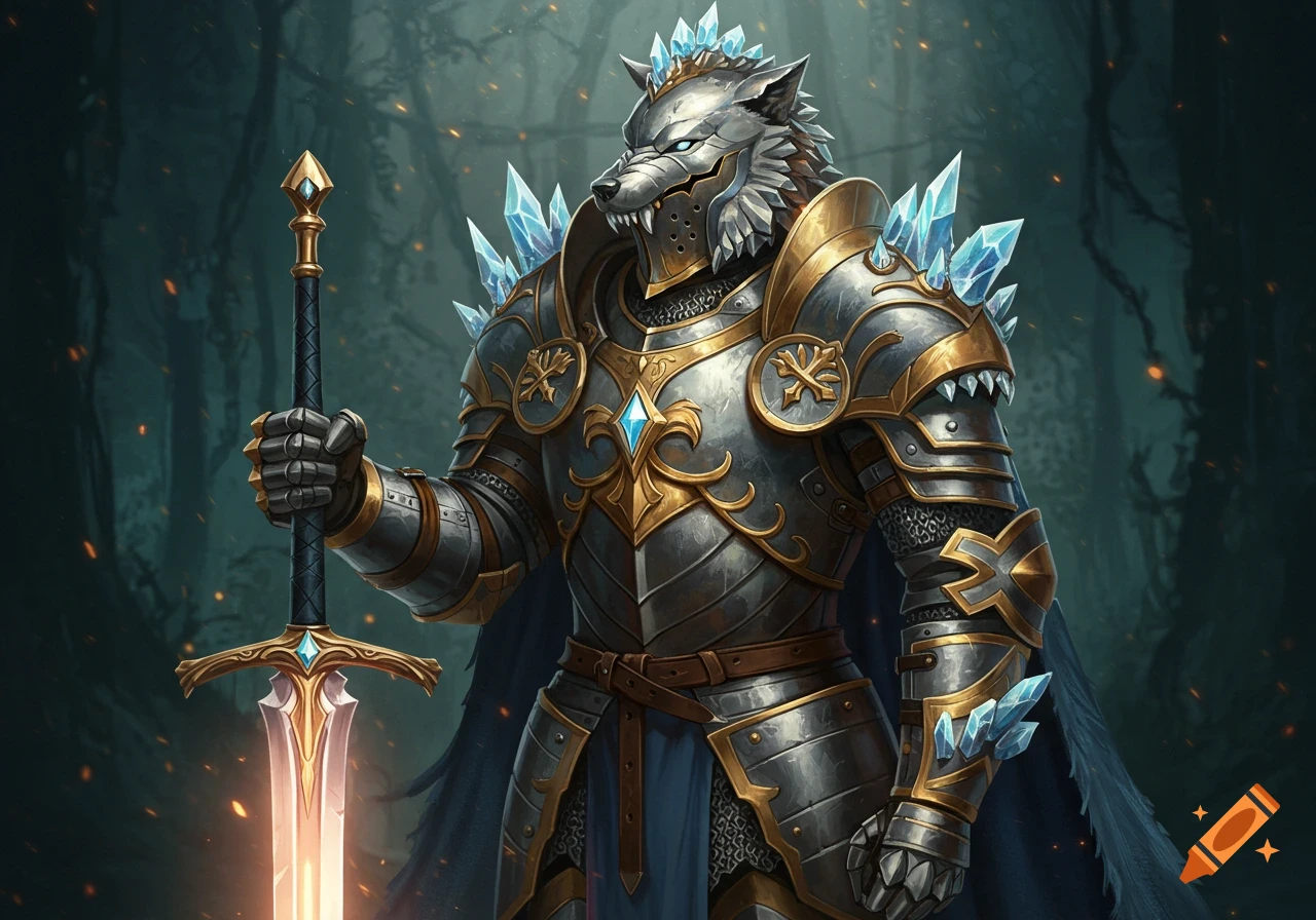 A wolf knight in elaborate armor holding a glowing sword.