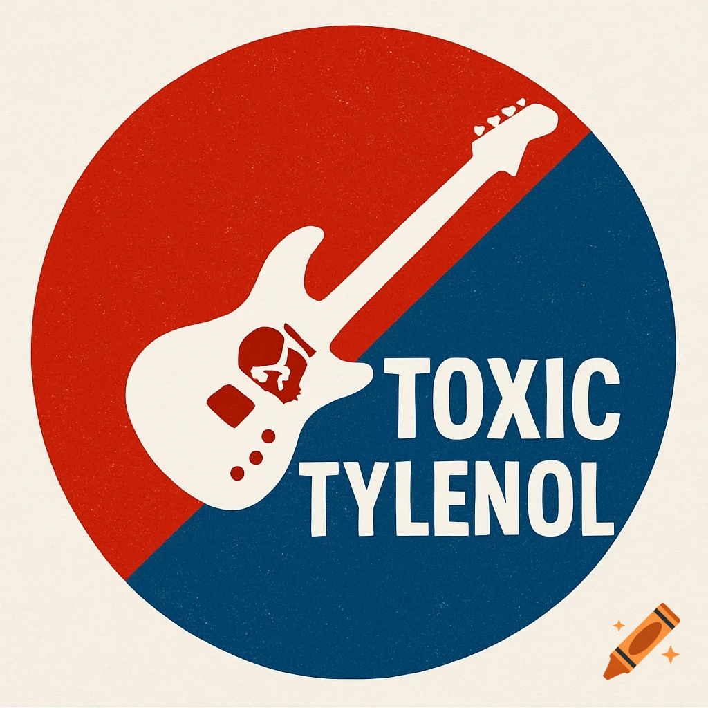 Graphic design of a white electric guitar with a skull cutout on a red and blue circle background, with the text 'TOXIC TYLENOL'.