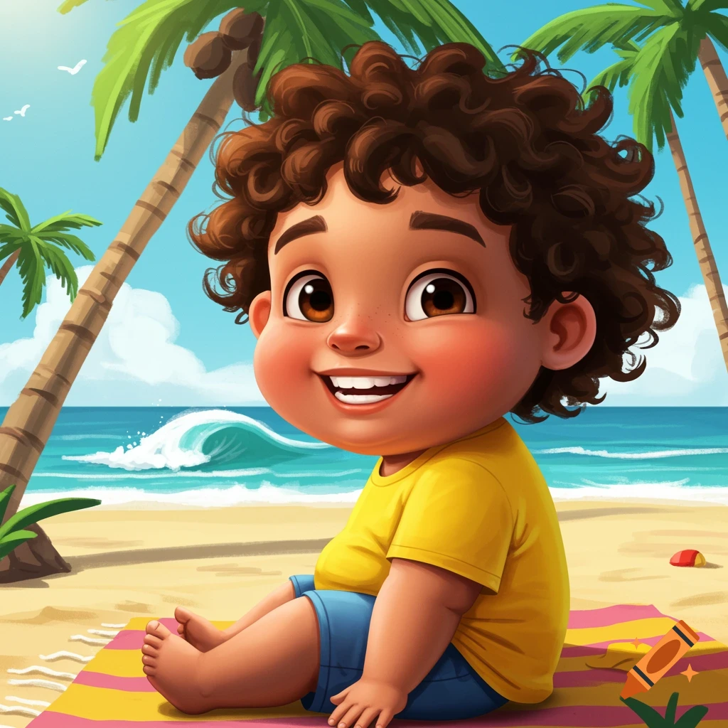 Cartoon illustration of a smiling boy sitting on a towel on a beach with palm trees and ocean waves.