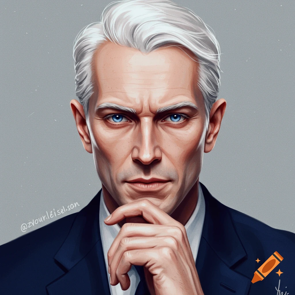 A man with white hair and blue eyes in a suit, hand on chin