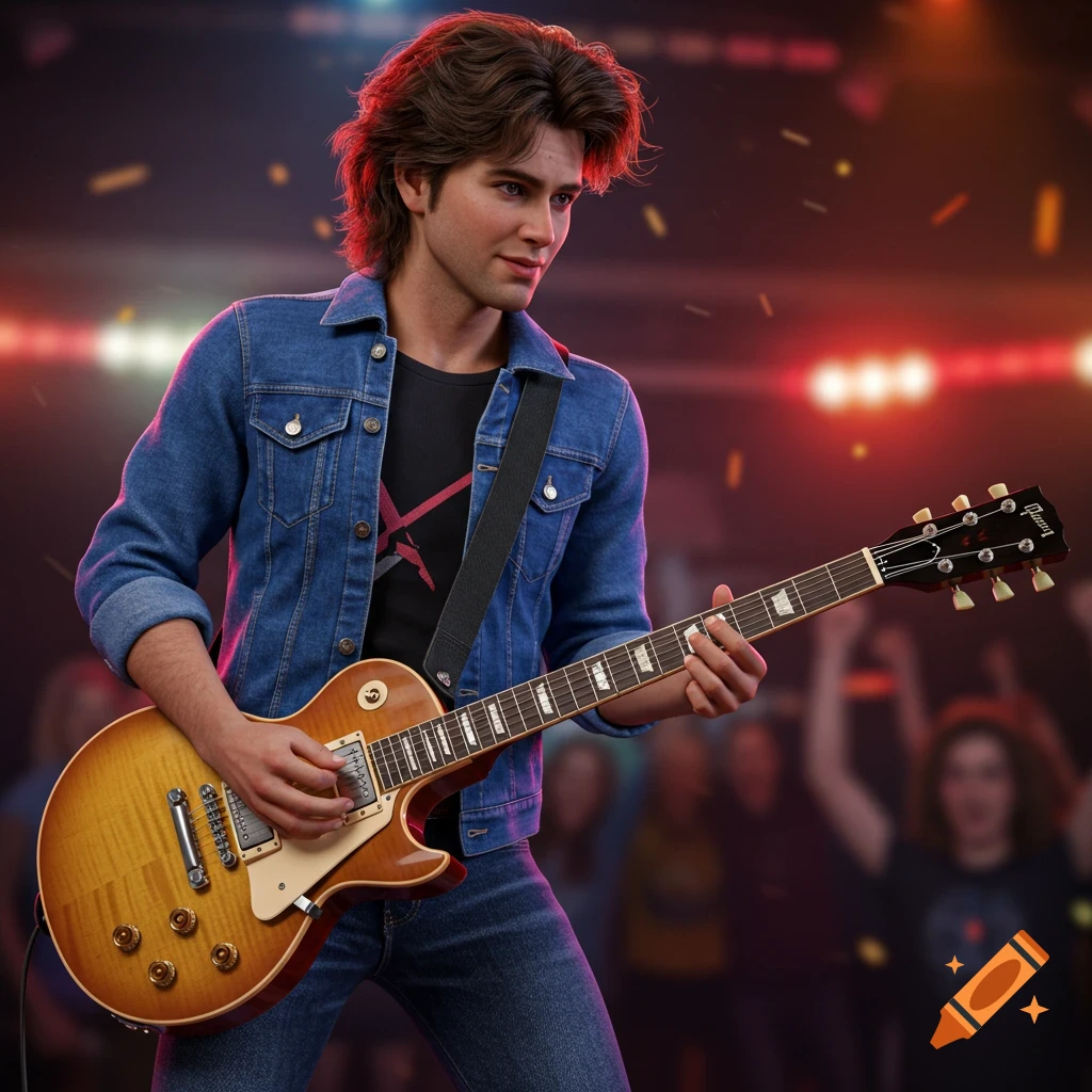 Man in denim jacket playing a Gibson guitar on stage, 80s style, photorealistic