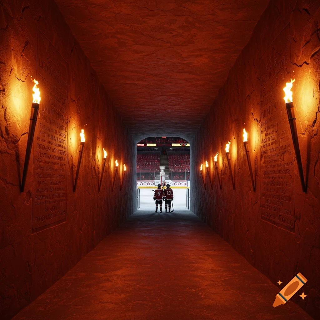 Two hockey players walk down a torch-lit, inscribed stone tunnel towards an ice rink and arena seats.