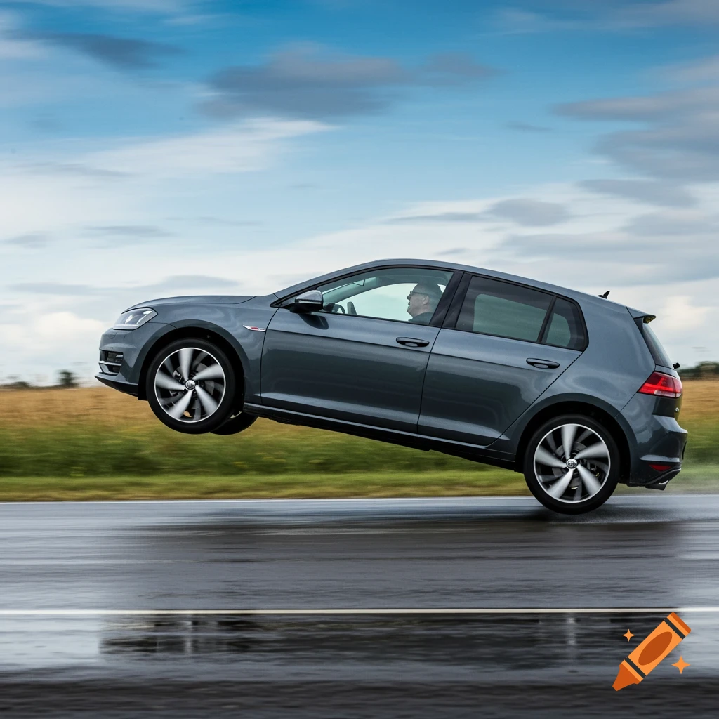 A dark grey car drives on two wheels on a wet road under a cloudy sky.