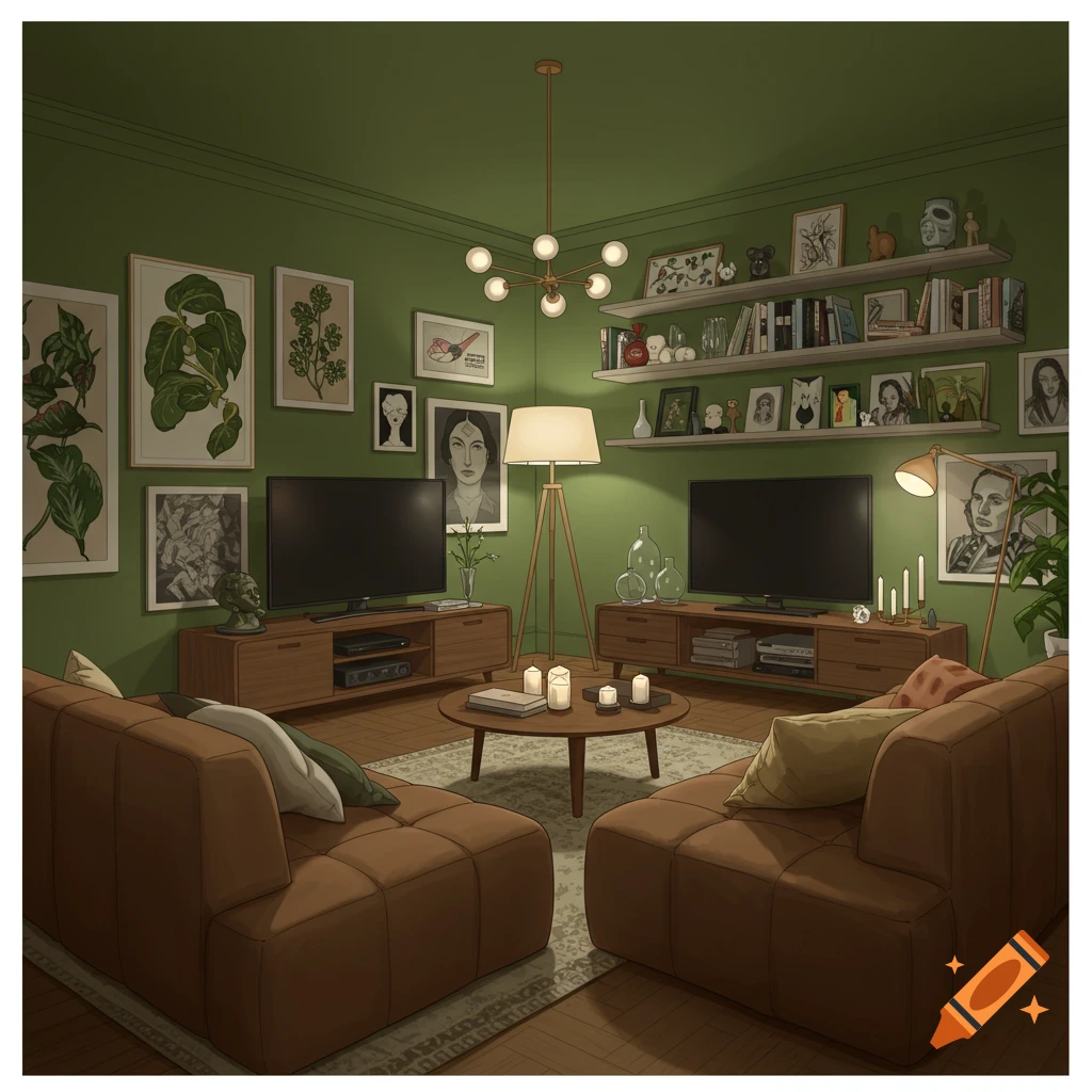 A green living room with beige modular sofas, TVs, shelves of books and art, lamps, and candles.