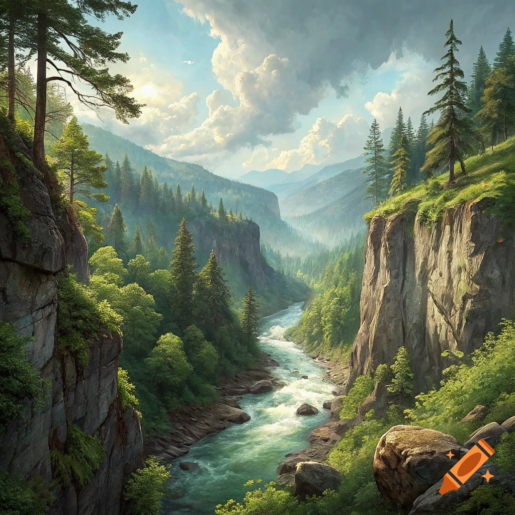 A river flows through a lush green mountain gorge under a cloudy sky with sunlight breaking through