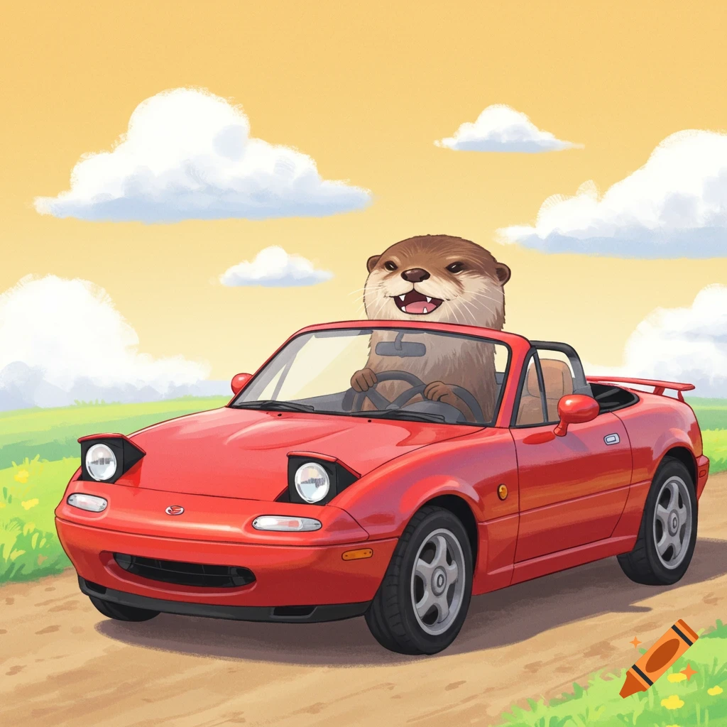Illustration of a cute otter driving a red convertible car through a sunny field