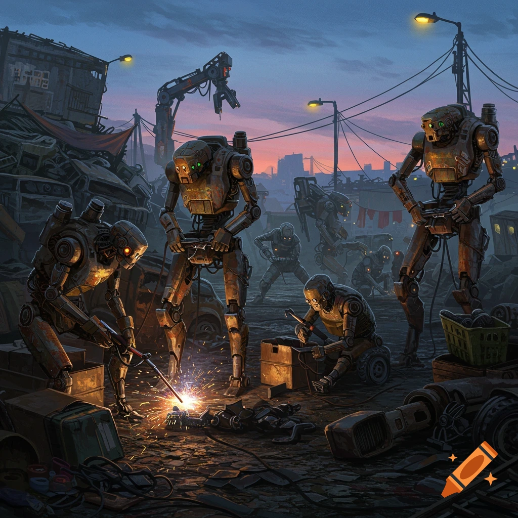 Rusted robots scavenge and build in a junkyard at dusk.
