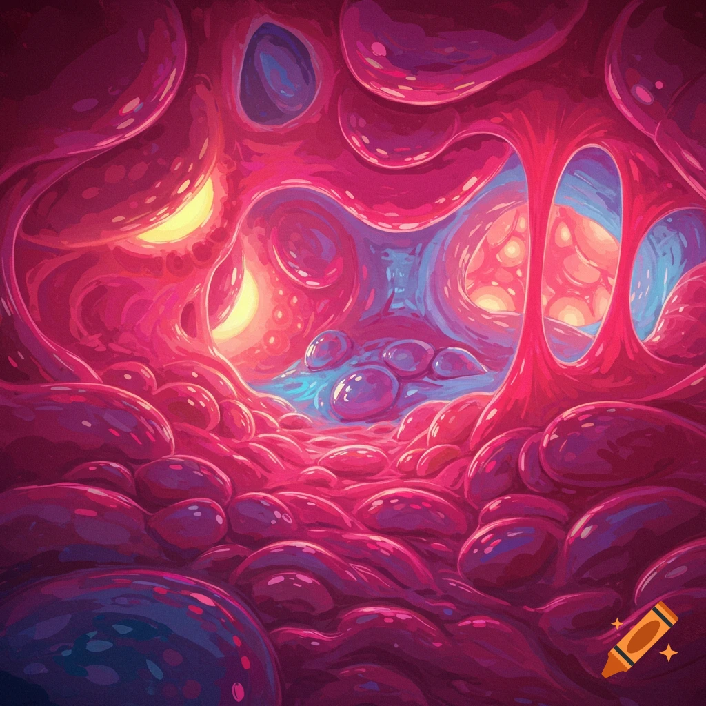 An abstract fleshy organic space with pink, red, and blue light.