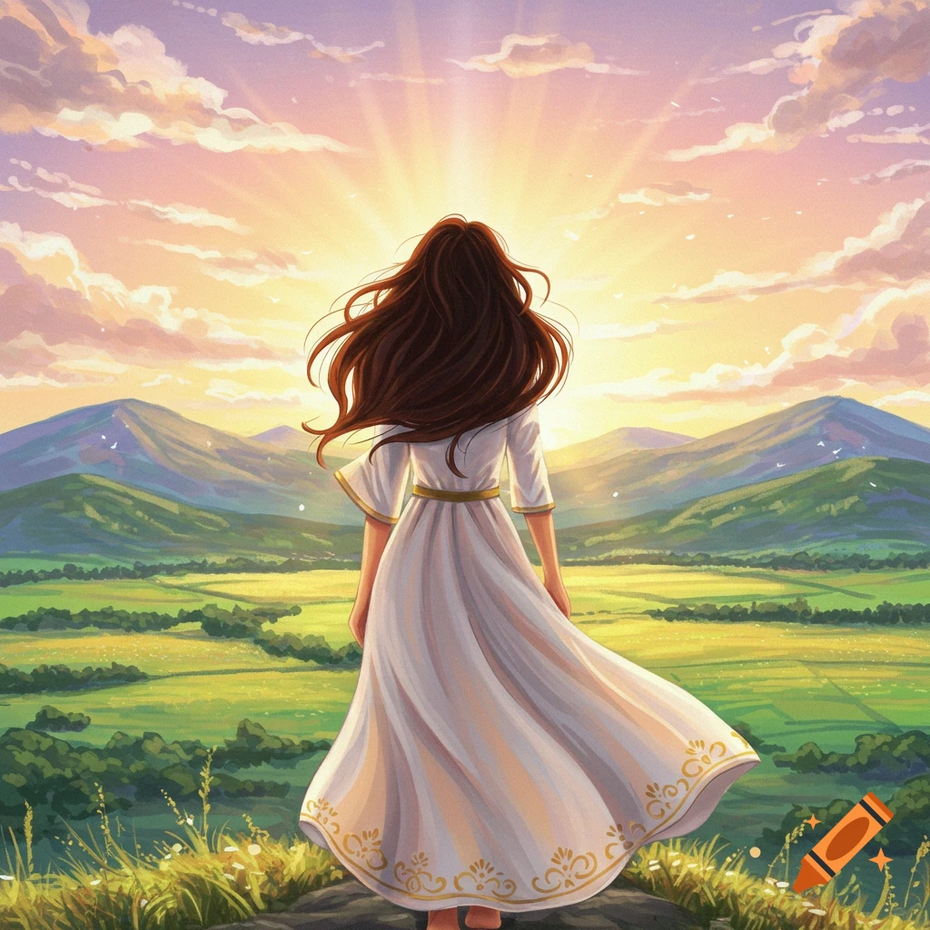 A woman in a white dress watches the sunset over a valley and mountains.