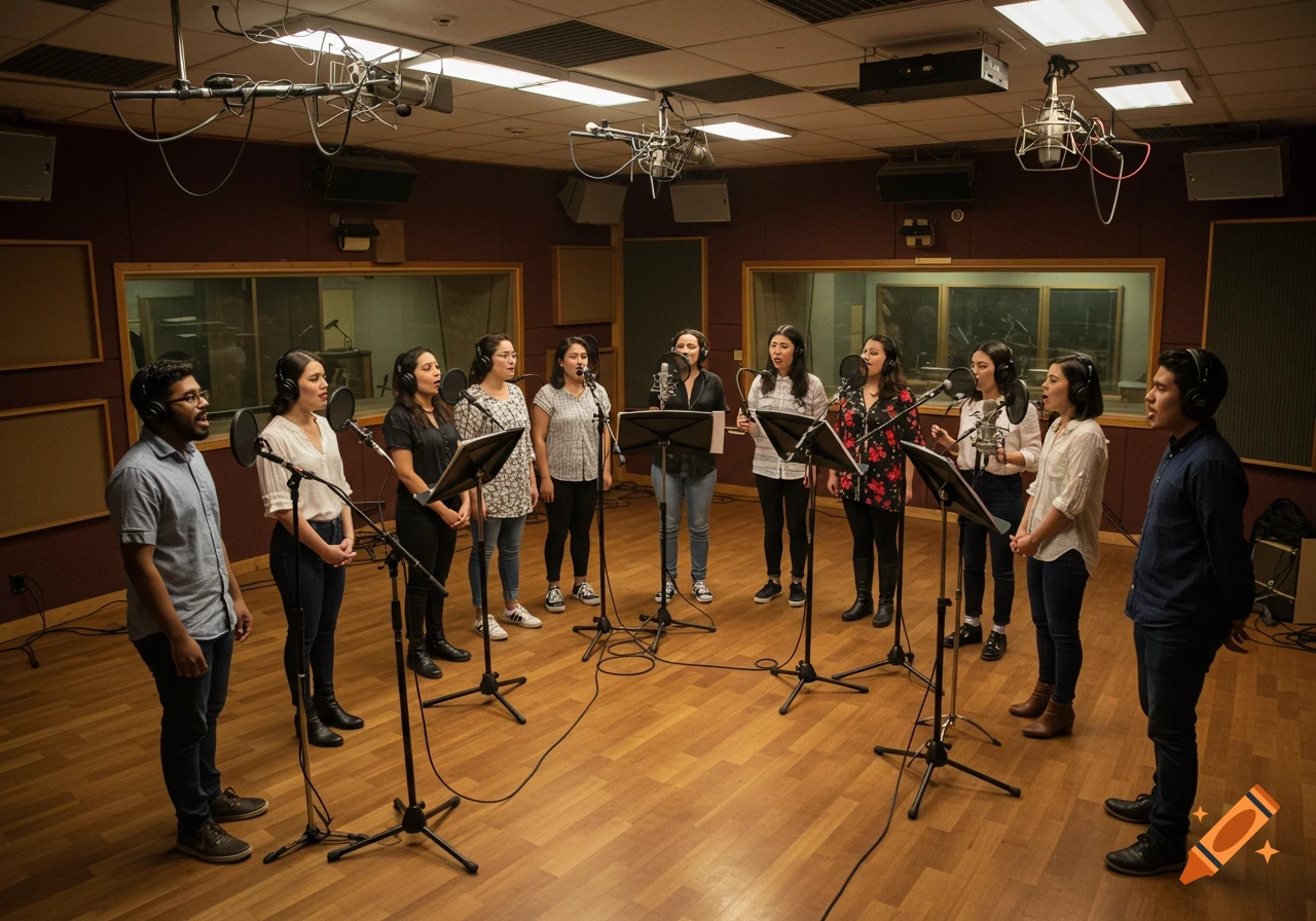 Ten people in a recording studio vocal booth singing into microphones arranged in a horseshoe