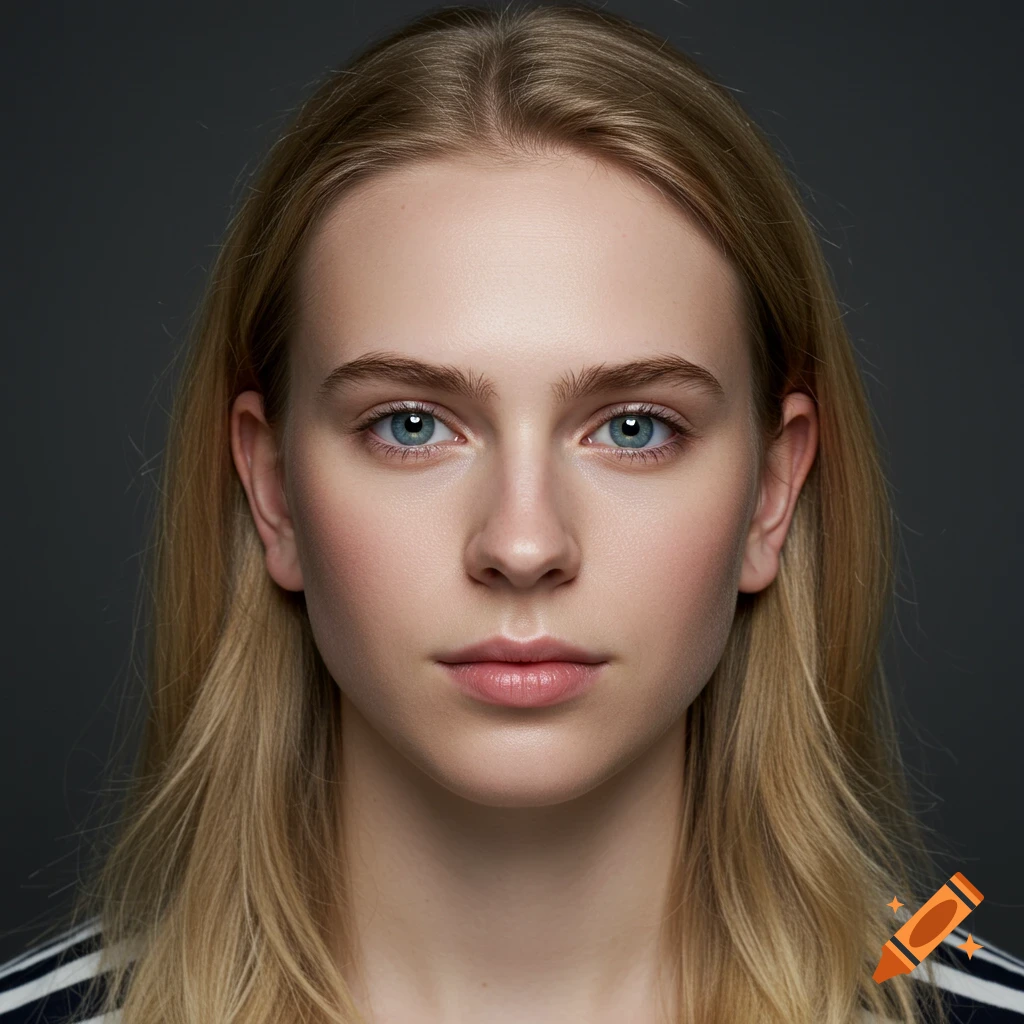 Close-up studio portrait of a young woman with blonde hair and blue eyes.