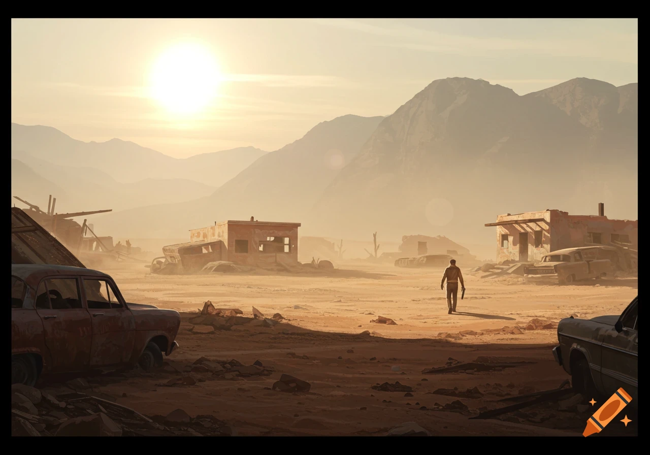 A person walking through a ruined desert town at sunset, with abandoned cars and buildings.