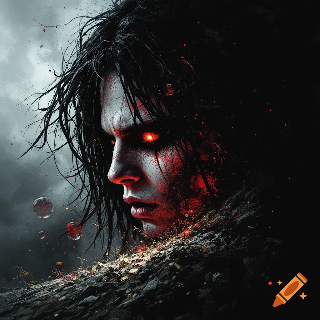 A face with dark hair and glowing red eyes rises from dark earth.