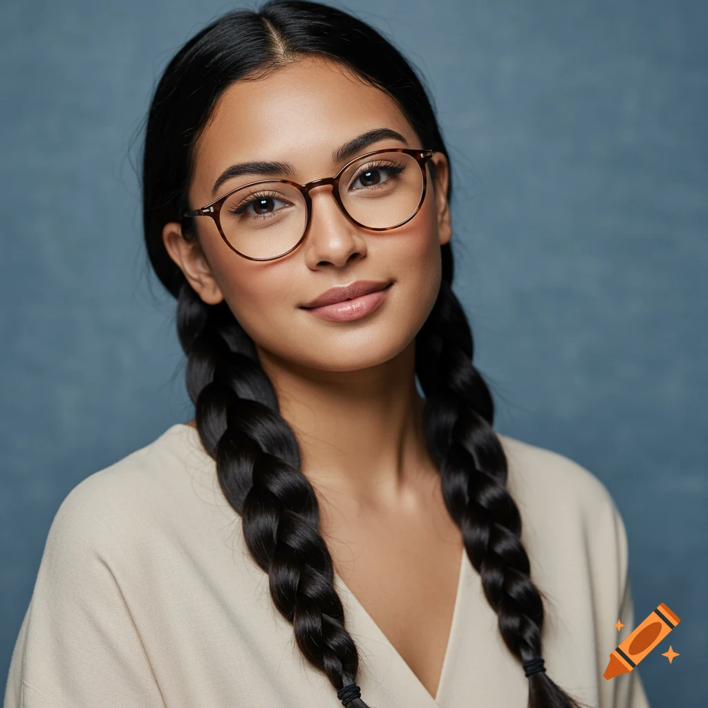 Portrait of a woman with glasses and braids against a blue background.