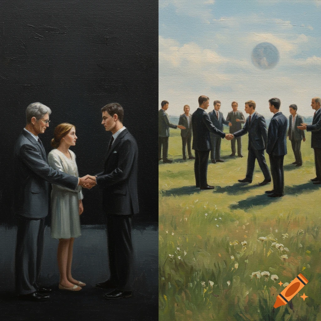 Split oil painting of people shaking hands: three on dark background, group in field with dark sphere in sky.