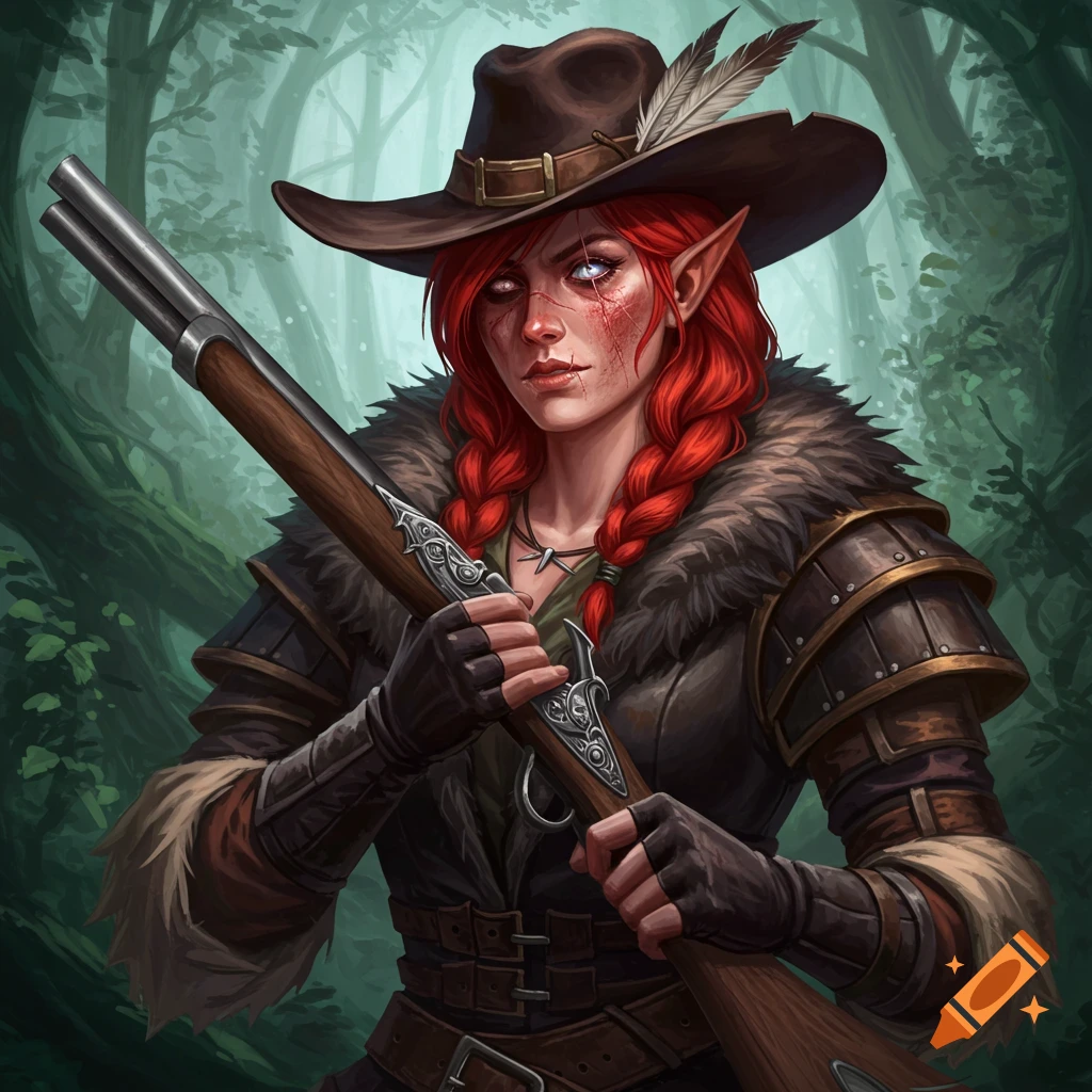 A red-haired female elf hunter with scars and a cloudy eye, wearing a hat and fur coat, holding a musket in a forest.