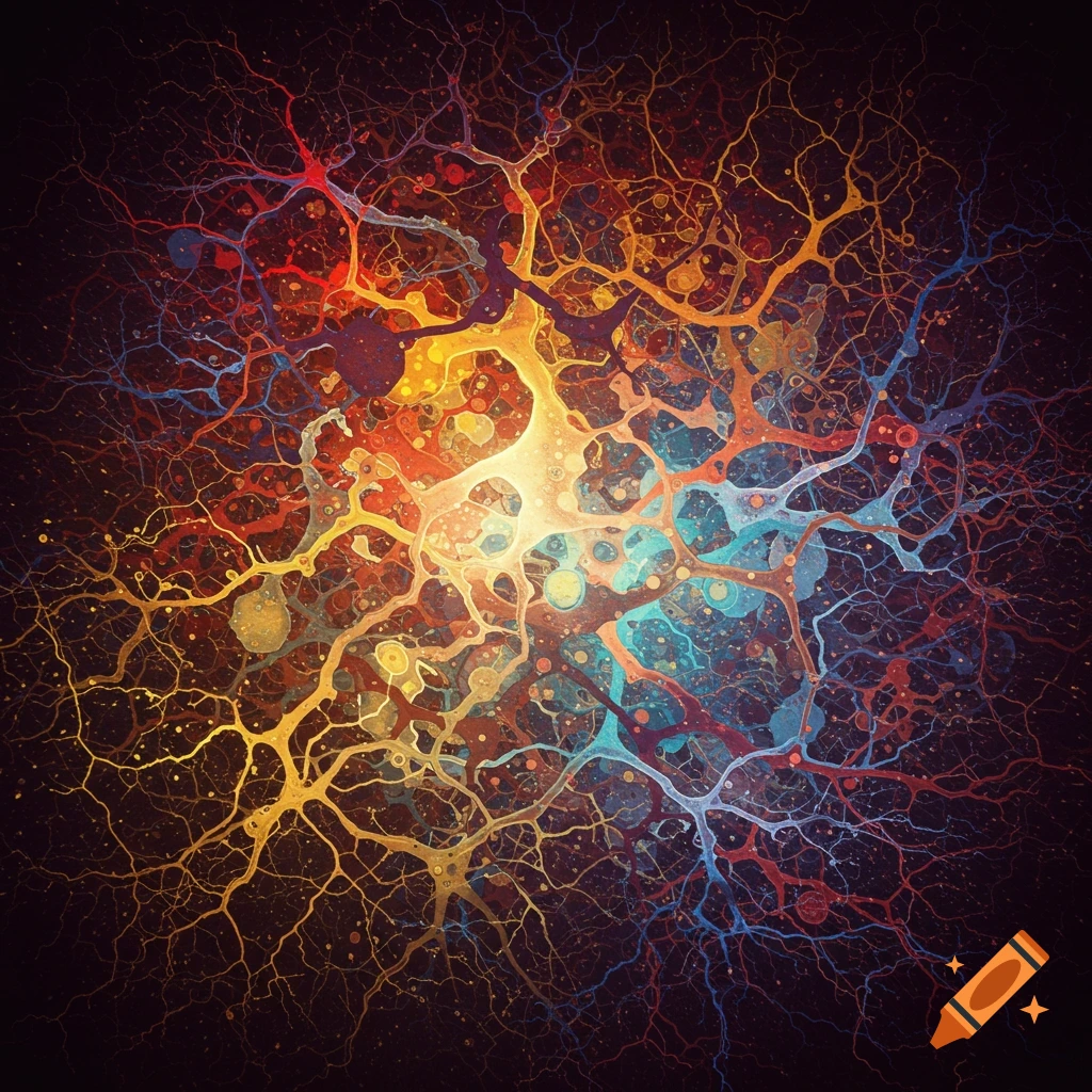 An abstract image showing colorful neural networks or brain structures in red, orange, yellow, and blue against a dark background.