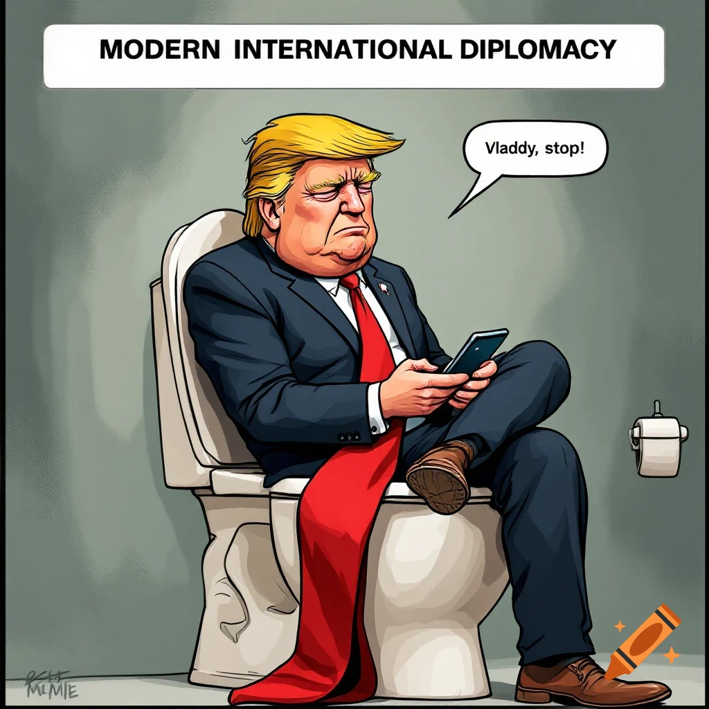 Cartoon of Donald Trump sitting on a toilet with a phone, saying "Vladdy, stop!". Title reads "Modern International Diplomacy".