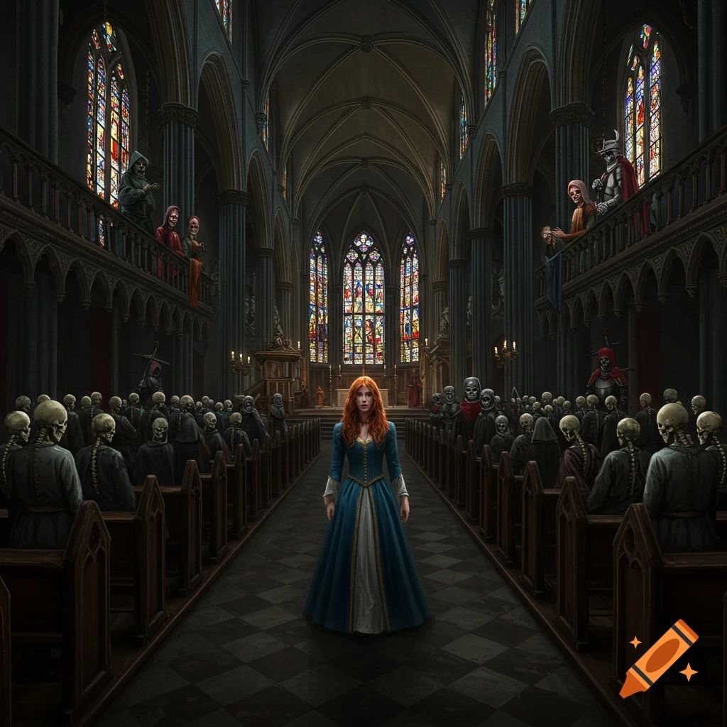 A woman in a blue medieval dress walks down the aisle of a dark cathedral filled with skeleton people.