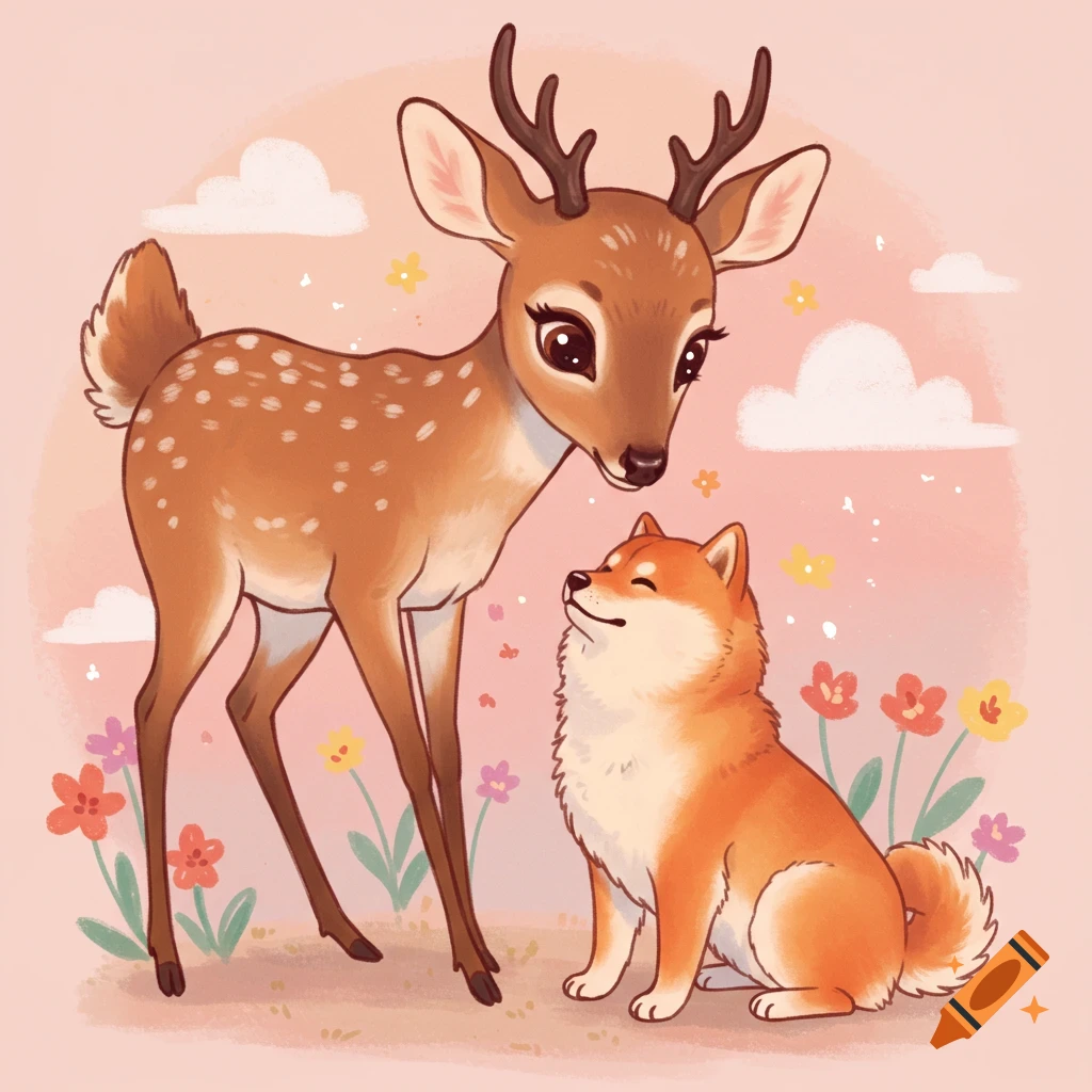 A cute image of a young deer and a Shiba Inu dog in a field of flowers.