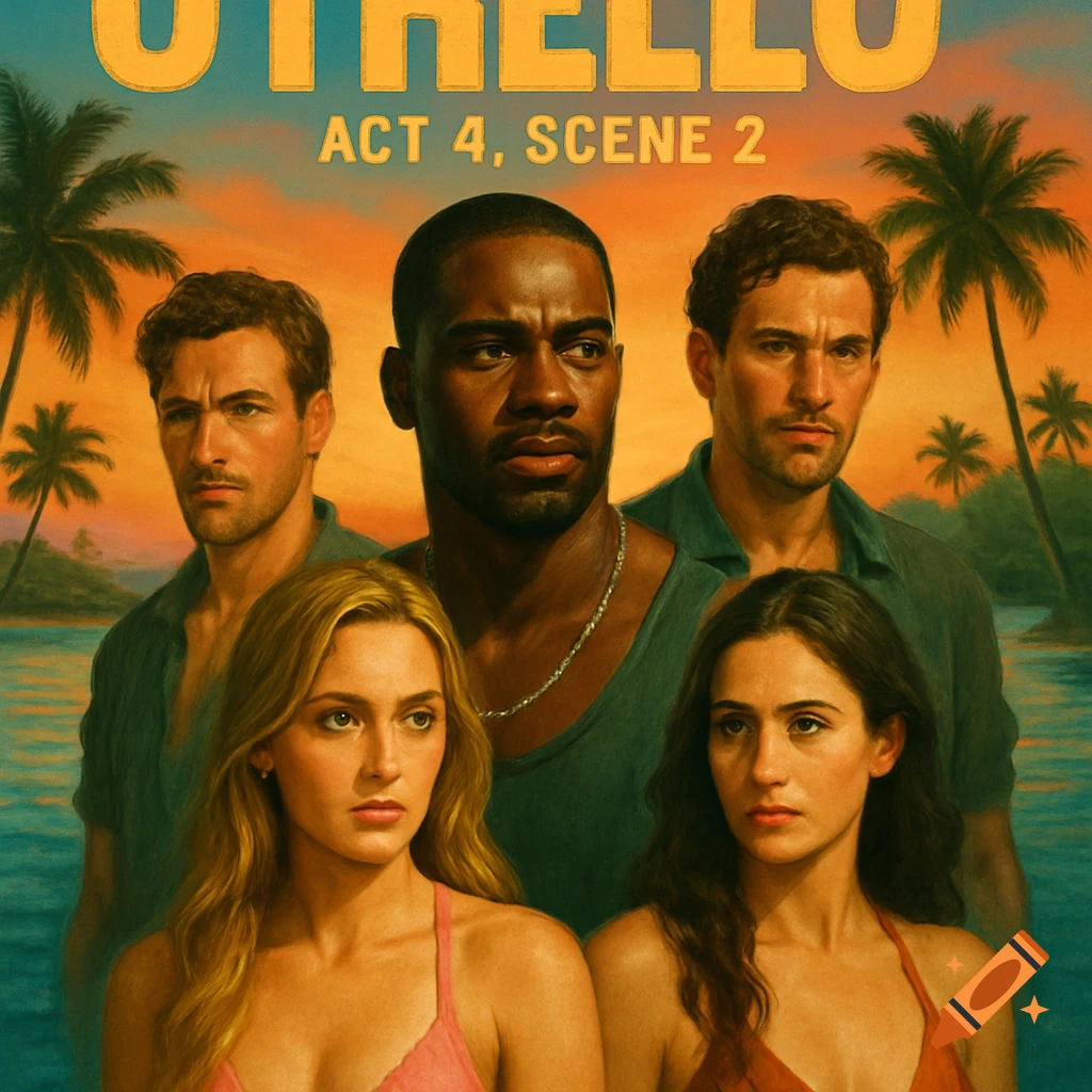 Movie poster for Othello Act 4, Scene 2 featuring five characters in a tropical setting.