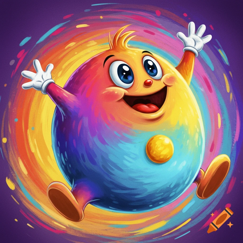 A joyful cartoon character, colored in rainbow swirls, jumps with arms raised against a colorful swirling background.