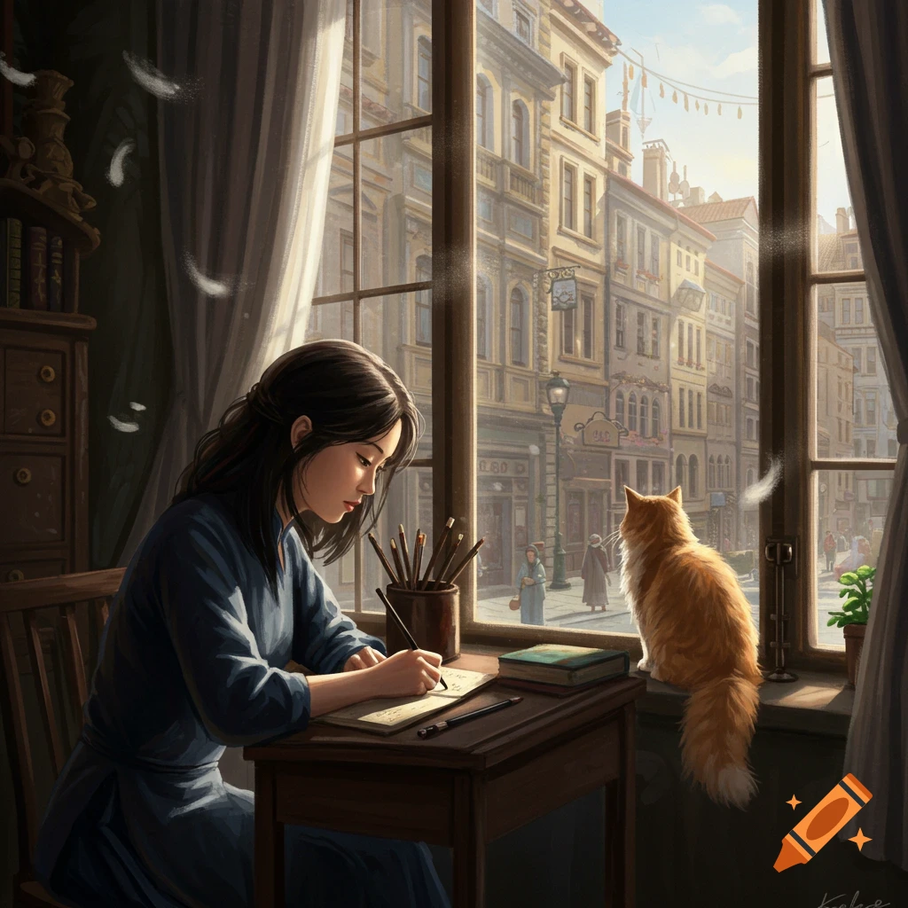 A woman writing at a desk by a window overlooking a city street, with a cat on the sill.