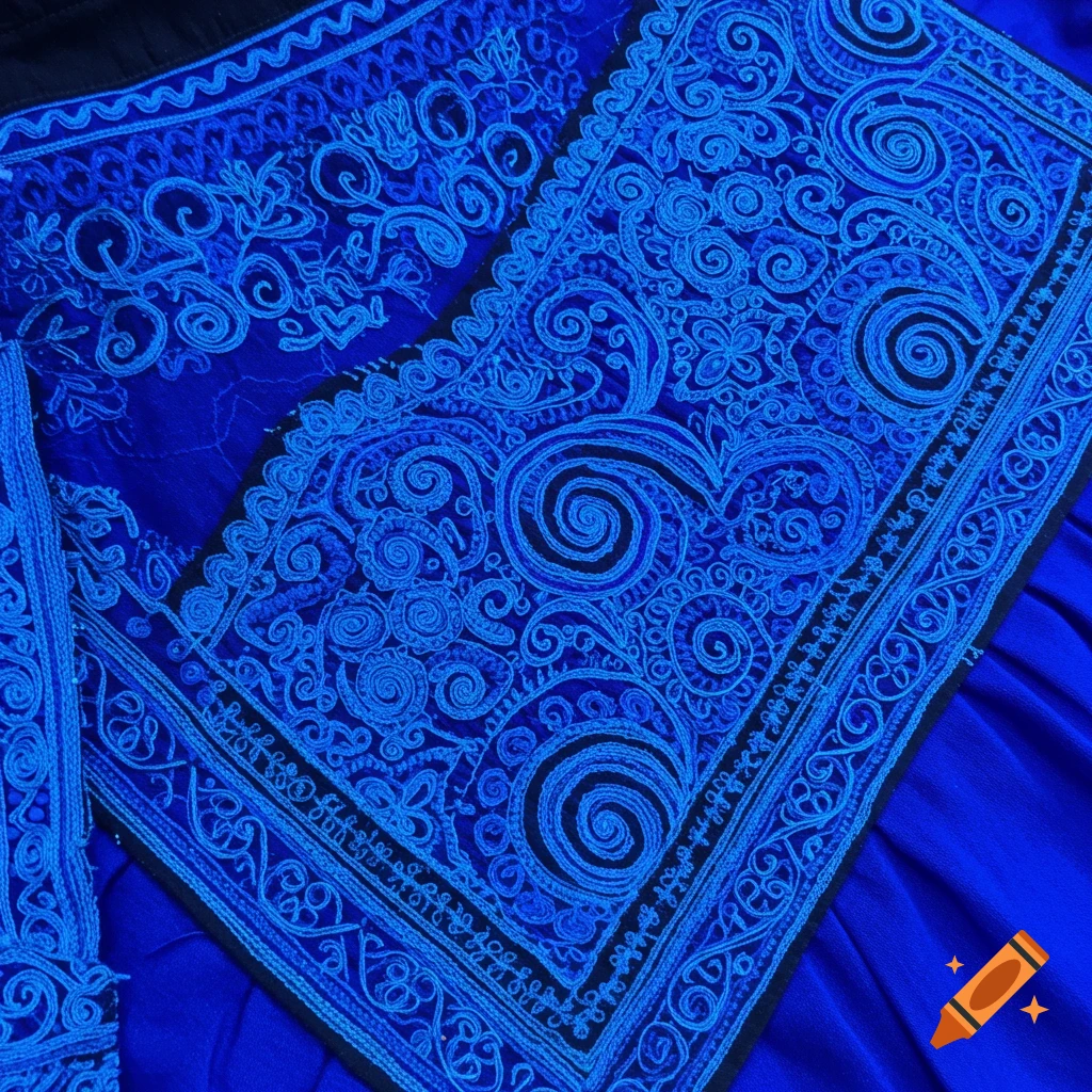 Close-up of detailed blue Hmong embroidery pattern on blue fabric.