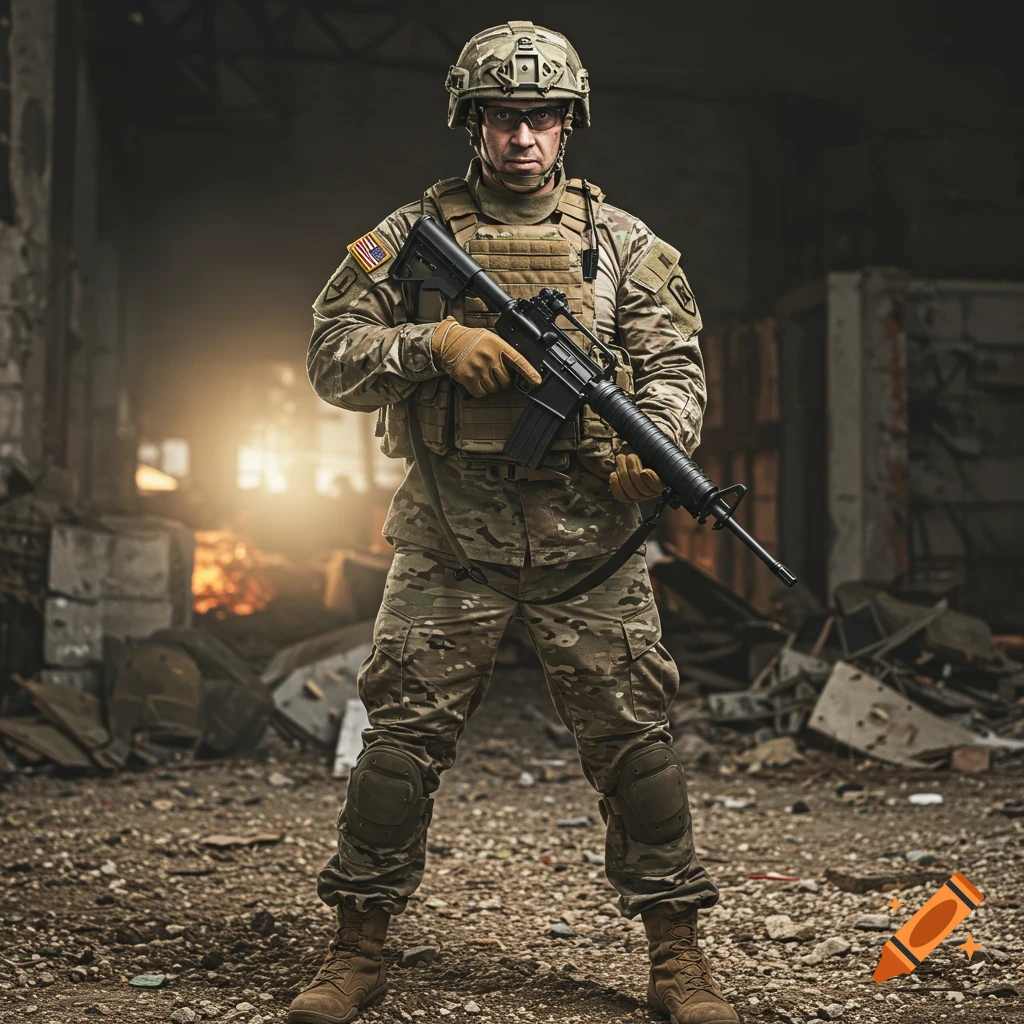 A soldier in camouflage uniform, helmet, and vest stands in a destroyed building holding an assault rifle.