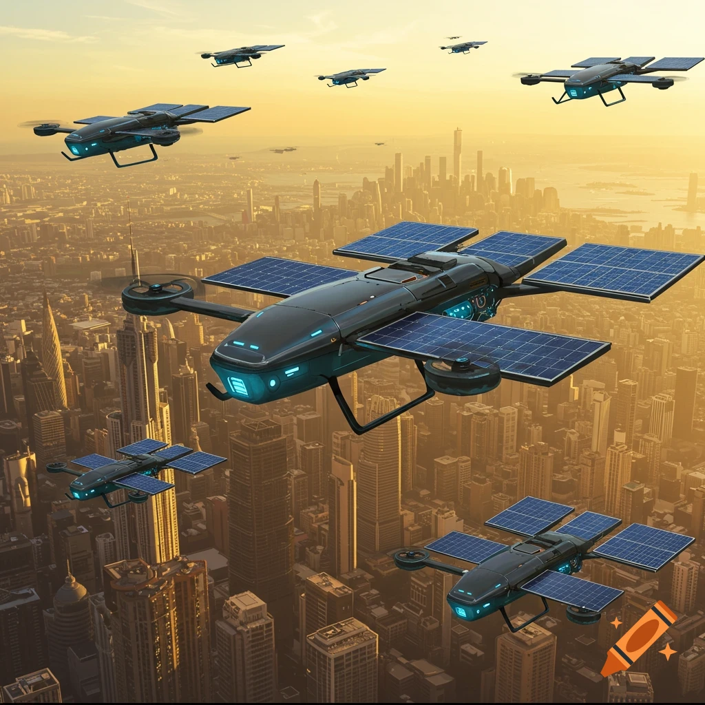 Futuristic solar panel drones fly over a city at sunset.