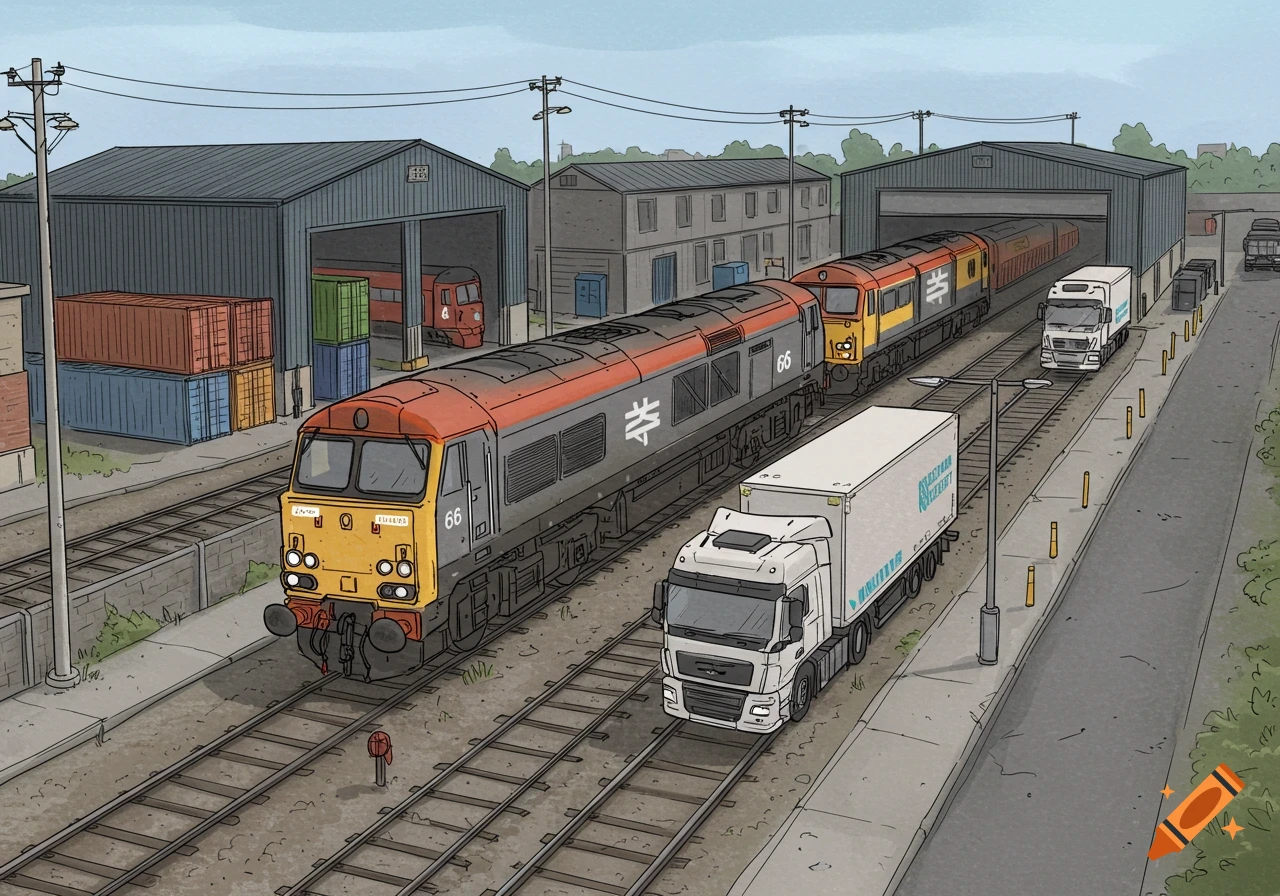 Stylized illustration of trains and trucks at a rail yard with buildings and containers.