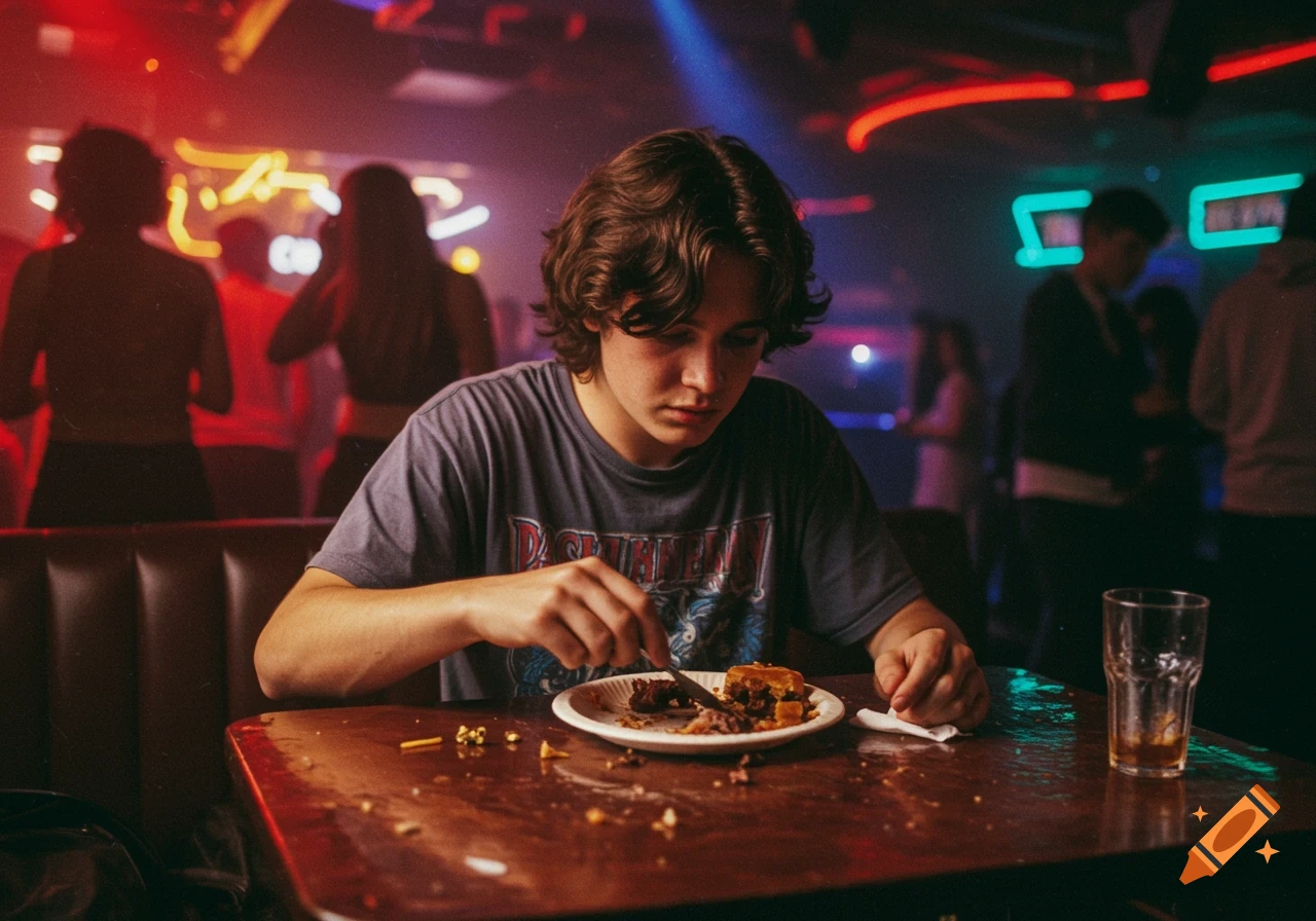 Candid photo of a teenage boy eating at a table in a dimly lit nightclub with neon lights.