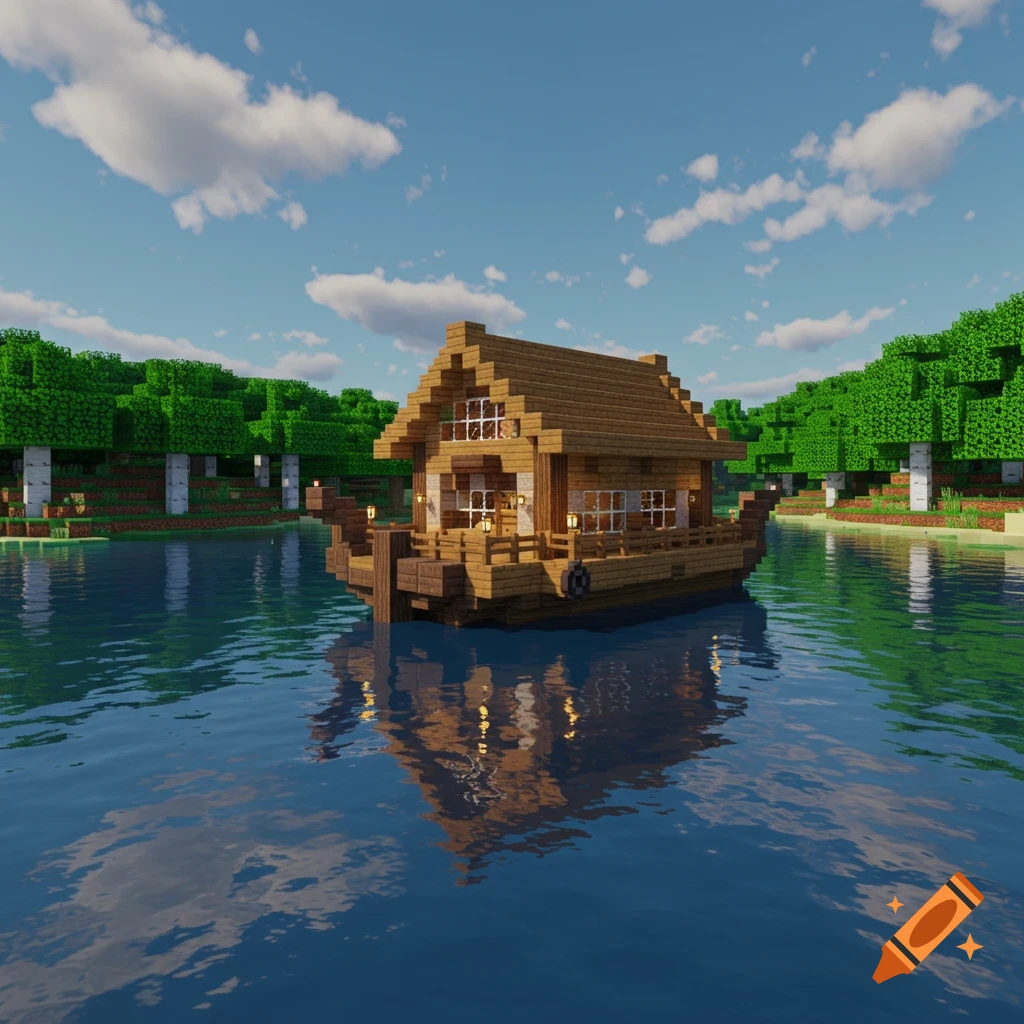 A Minecraft houseboat floats on a lake with trees in the background under a cloudy sky.