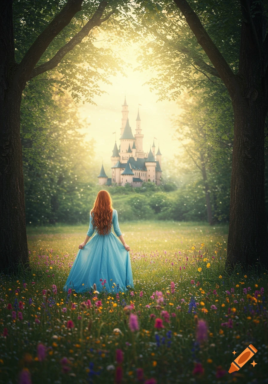 A woman in a blue dress looks towards a distant castle across a field of colorful flowers in a sunlit forest clearing.