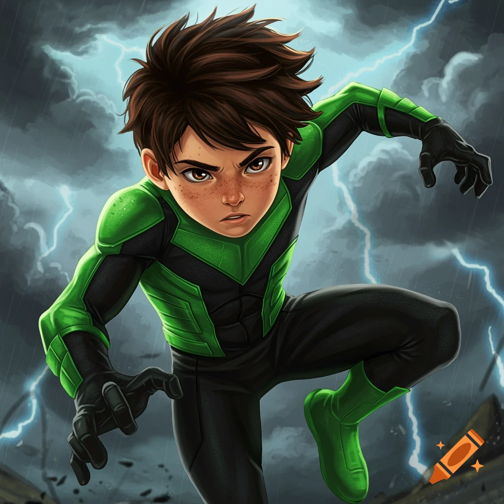 A boy in a green and black superhero suit posing in a stormy sky with lightning.