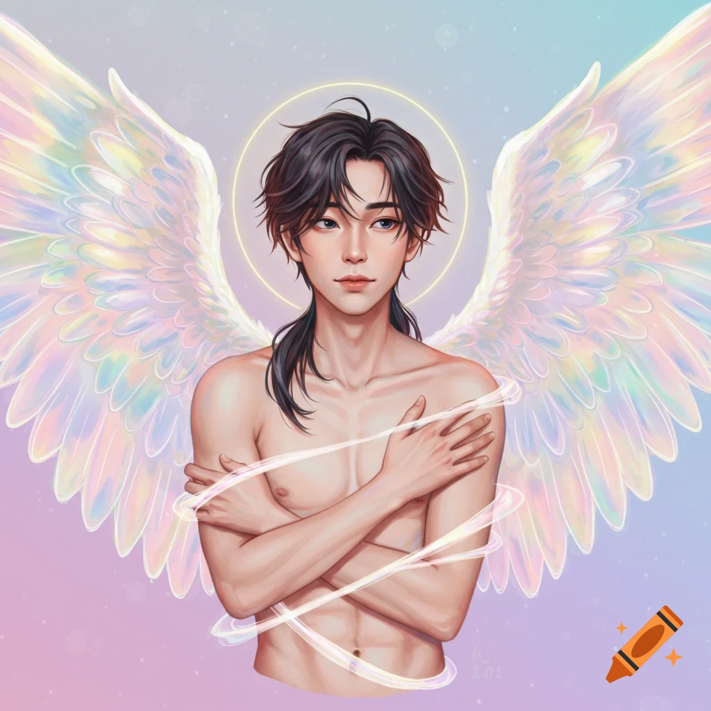 A bare-chested young man with large iridescent wings and a halo, wrapped in glowing light.