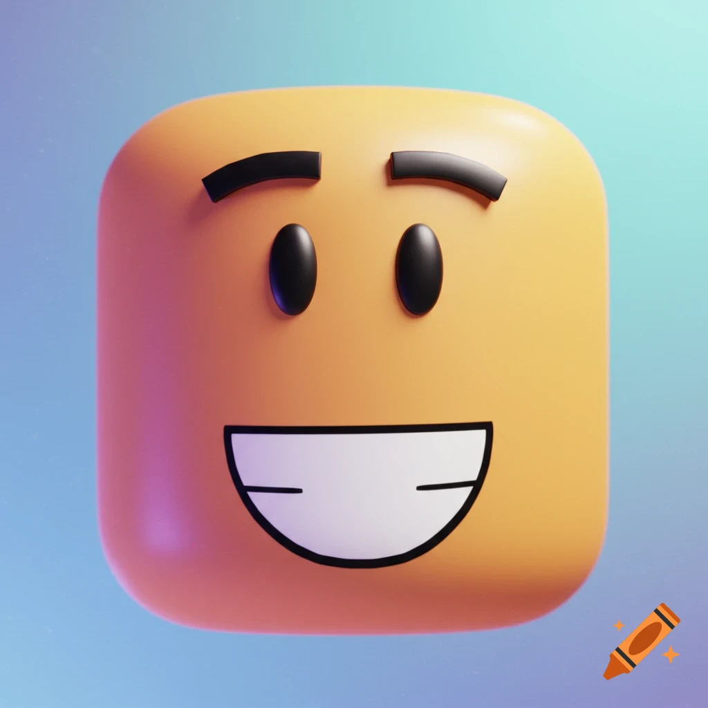 A 3D-rendered orange square face with black eyes, arched eyebrows, and a wide white smile.