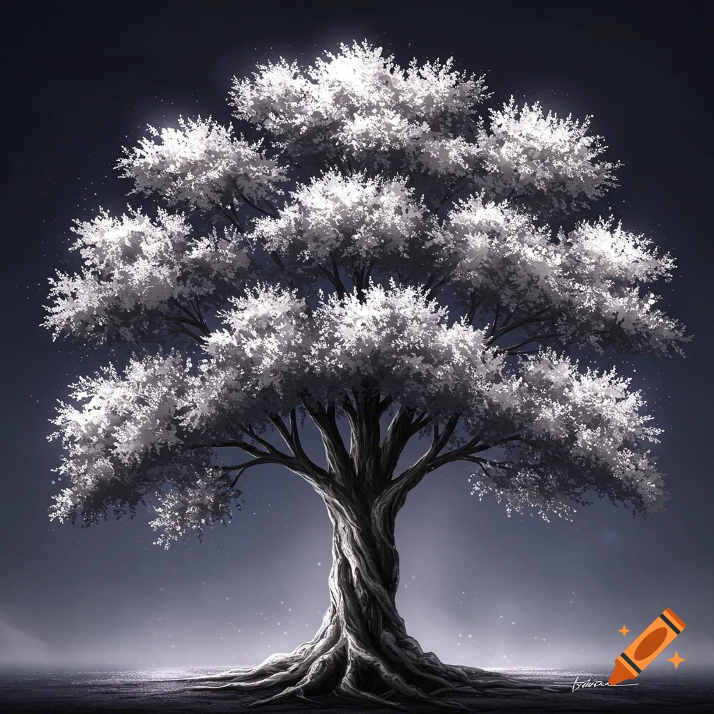 A large tree with bright white leaves and exposed roots stands against a dark, glowing background.