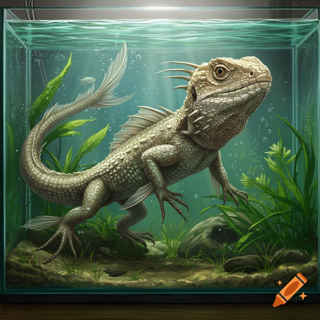 A realistic depiction of a lizard-like creature with fins swimming in a fish tank with plants.