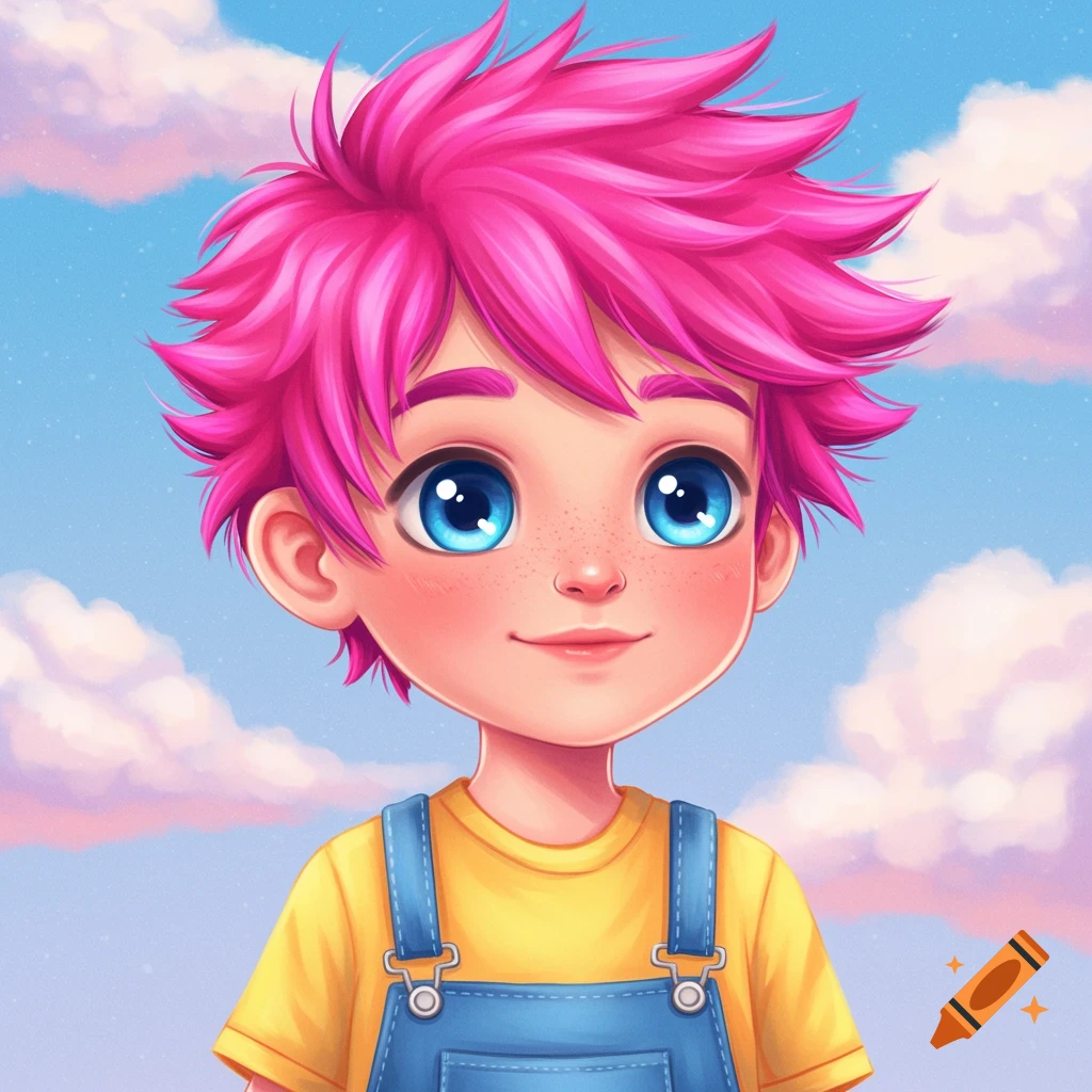 A young boy with pink hair, blue eyes, wearing a yellow shirt and denim overalls is shown against a cloudy sky.