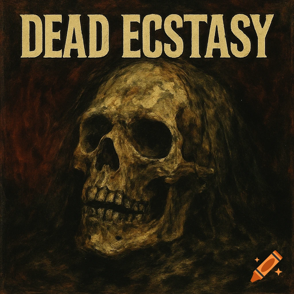 A skull with dark hair and the text 'DEAD ECSTASY' above it, like an album cover.